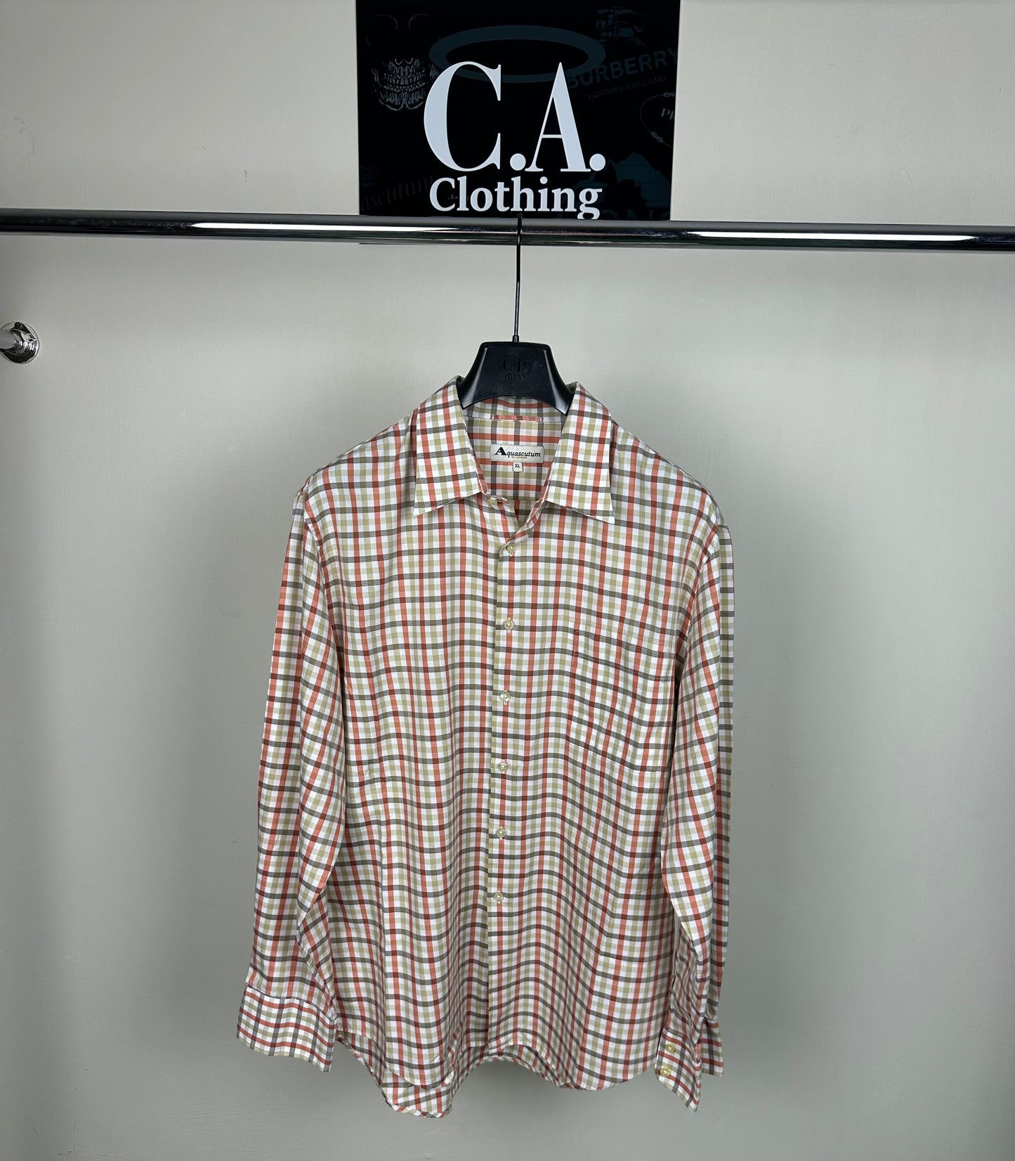 Aquascutum Long Sleeve Orange Check Shirt Size (XL) Fits (3XL)