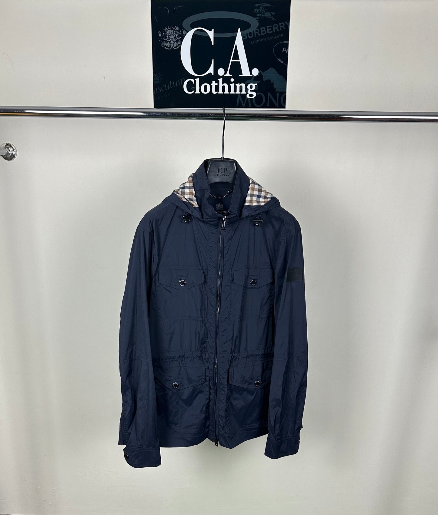 Aquascutum Checked Hood Navy Field Jacket Size Medium (M)