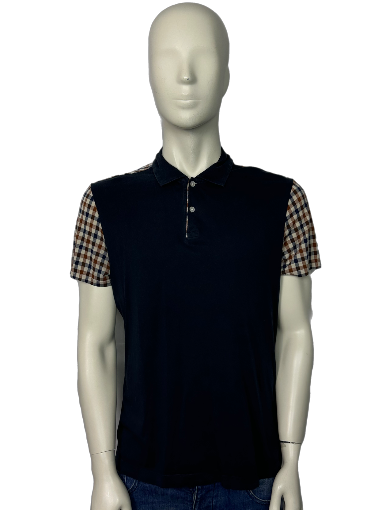 Aquascutum Checked Arm Navy Polo Shirt Size (L)