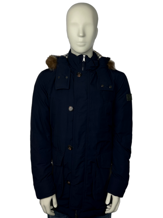 Aquascutum Navy Checked Hooded Parka Coat Size (XL)